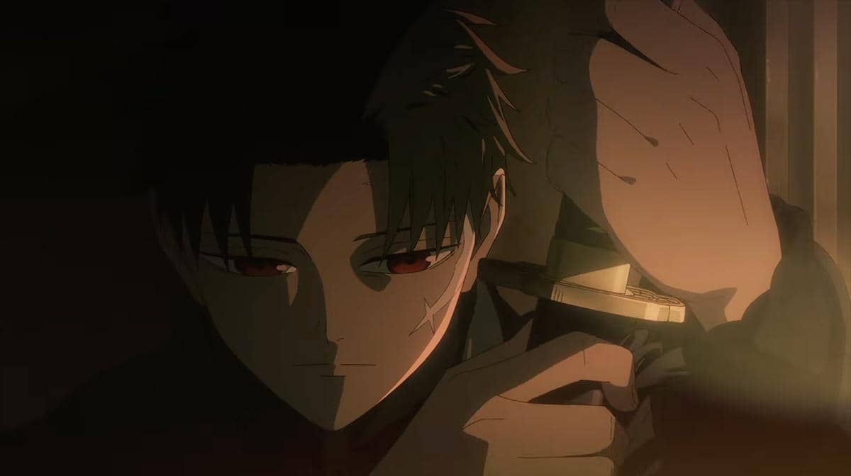 Karakter anime dengan ekspresi serius memegang pedang dalam pencahayaan redup dari cuplikan trailer Kagurabachi.