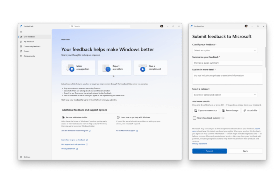 Tampilan antarmuka aplikasi umpan balik baru Microsoft di Windows yang menampilkan opsi untuk memberi saran, melaporkan masalah, dan memberikan pujian.
