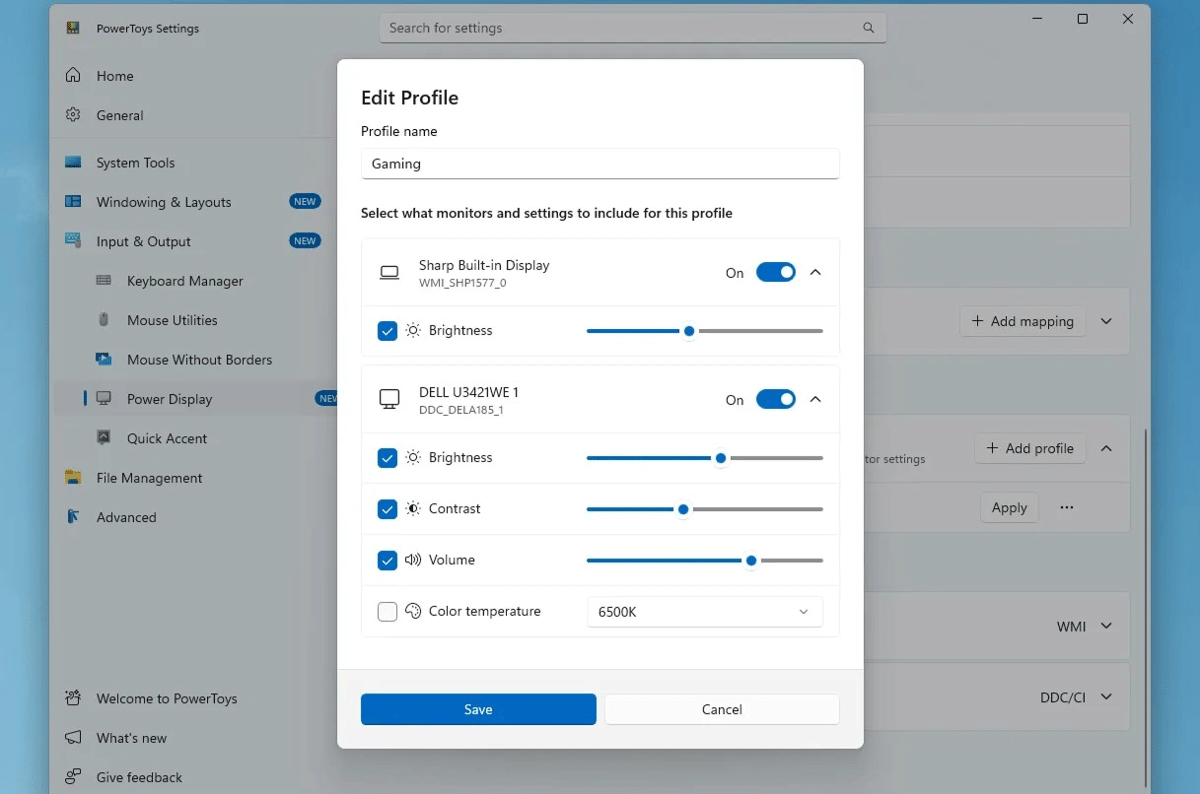 Profil power display