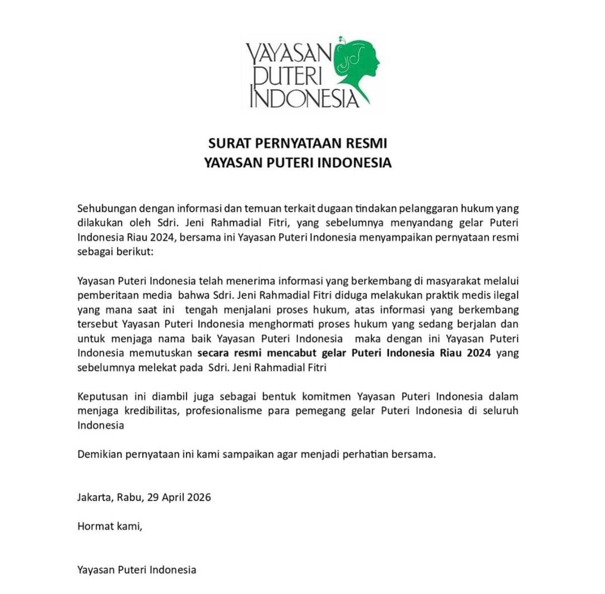 Ini isi surat pernyataan yang dirilis Yayasan Puteri Indonesia di akun Instagramnya