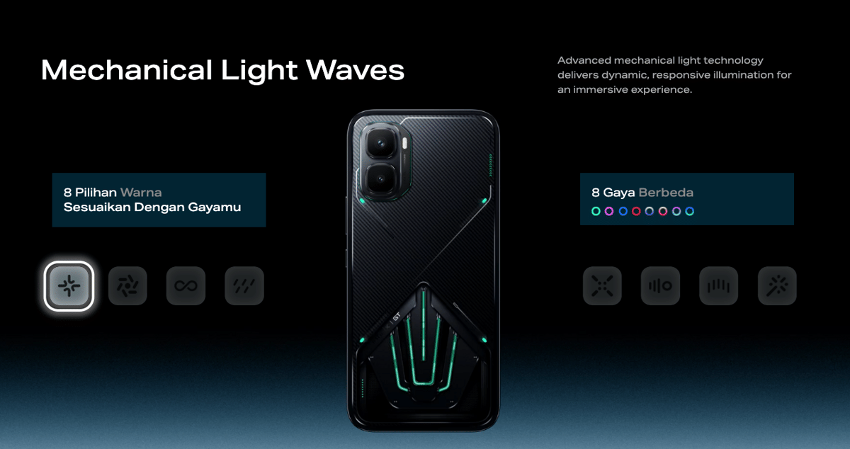 daya tarik utama Infinix GT 50 Pro terletak pada lampu RGB terintegrasi di bodinya