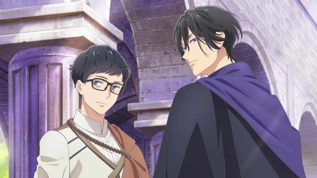 Dua karakter anime pria berdiri di depan bangunan batu bergaya klasik, salah satunya mengenakan jubah ungu dan yang lain berkacamata.