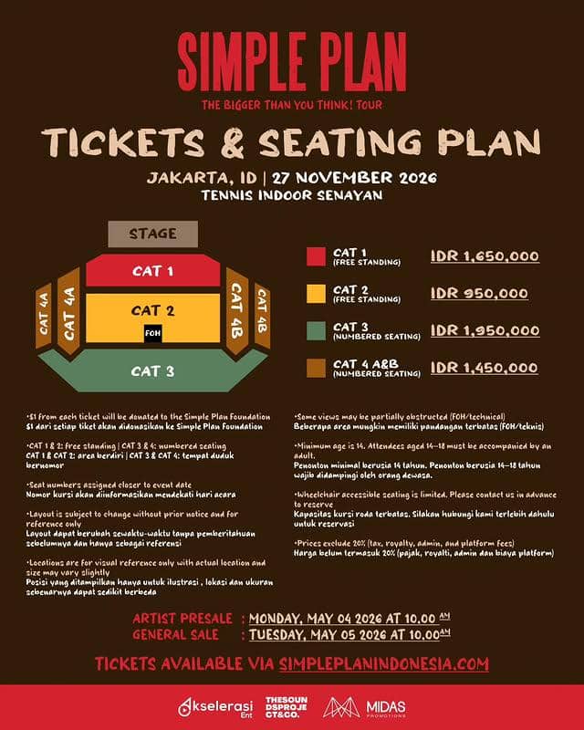 Poster jadwal dan harga tiket konser Simple Plan di Jakarta pada 27 November 2026 di Tennis Indoor Senayan dengan denah tempat duduk.