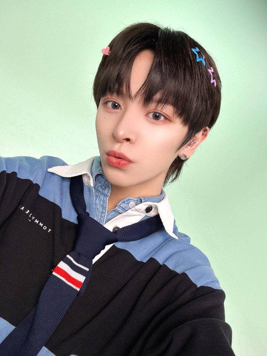 Seseorang berpose selfie dengan latar belakang hijau muda, mengenakan kemeja bergaris biru dan hitam serta dasi biru bergaris merah putih.