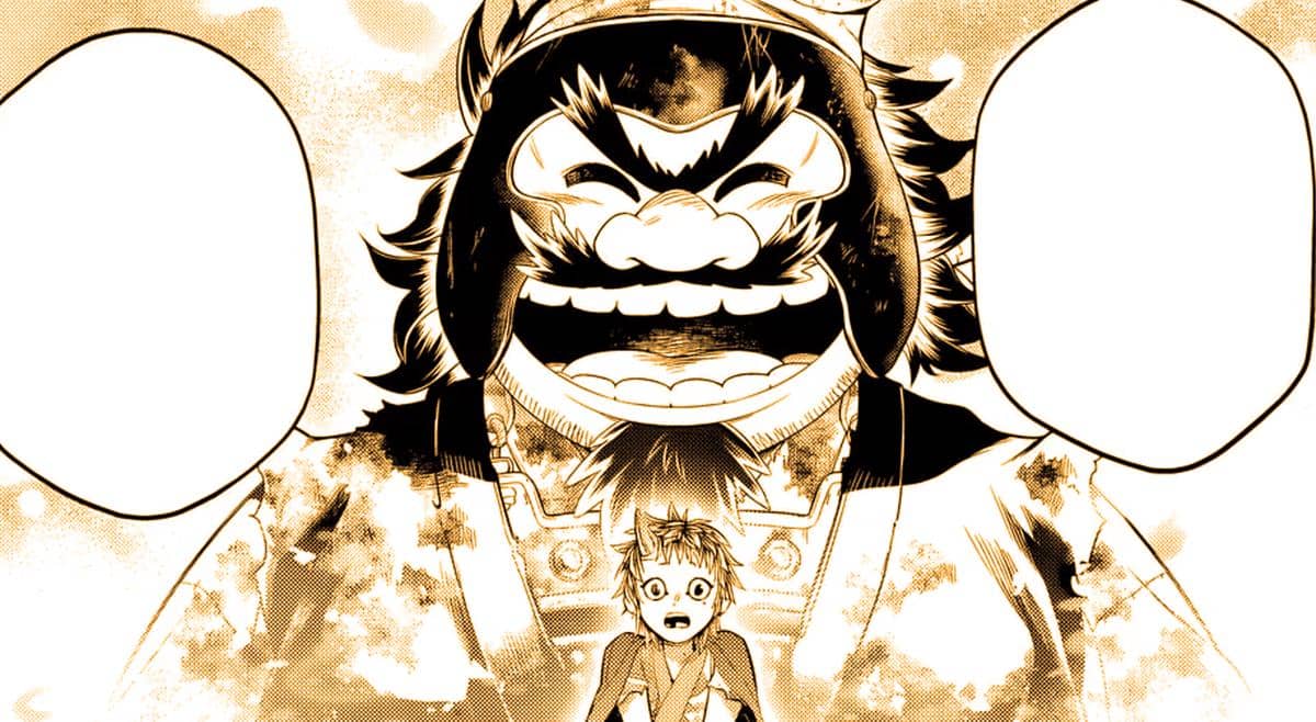 Ilustrasi karakter Kintoki berdiri di depan sosok besar yang merupakan ayahnya dalam gaya seni manga Record of Ragnarok.