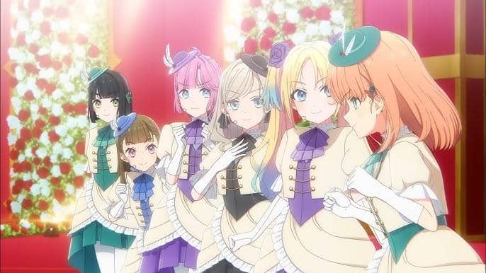 Enam karakter anime mengenakan kostum panggung elegan dengan latar bunga dan tirai merah dalam film Love Live! Hasunosora Jogakuin School Idol Club Movie: Bloom Garden Party.