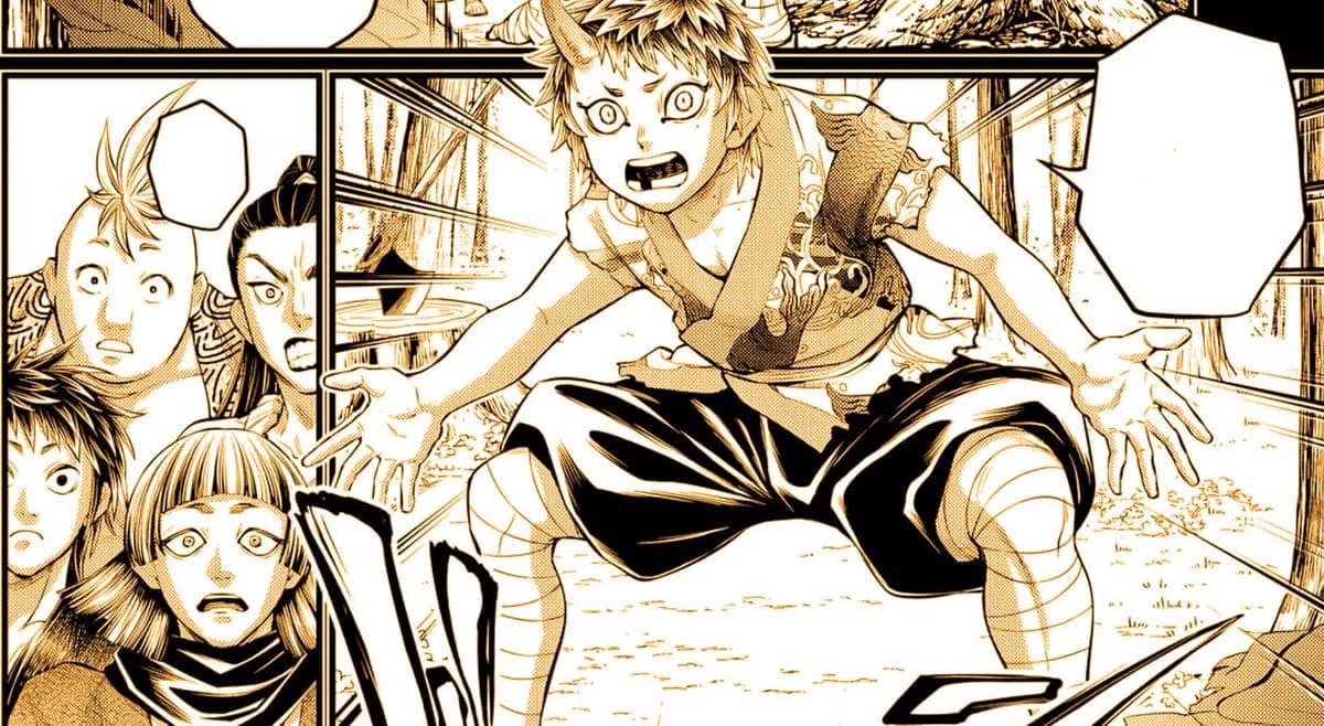 Kintoki dengan ekspresi marah menantang kelompok Minamoto untuk bertarung di hutan dalam adegan manga Record of Ragnarok.