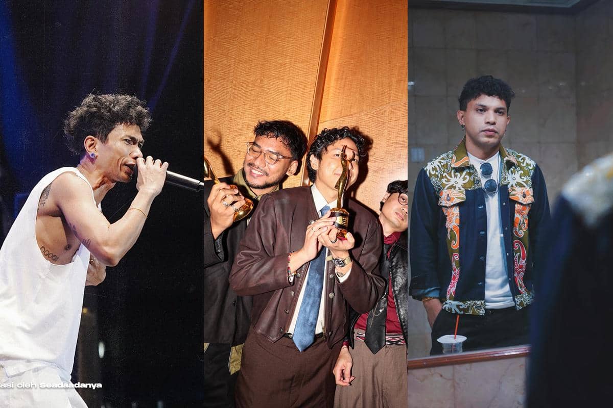 Kolase tiga foto menampilkan penampilan panggung, selebrasi penghargaan, dan potret seseorang di depan cermin dengan pakaian bermotif.