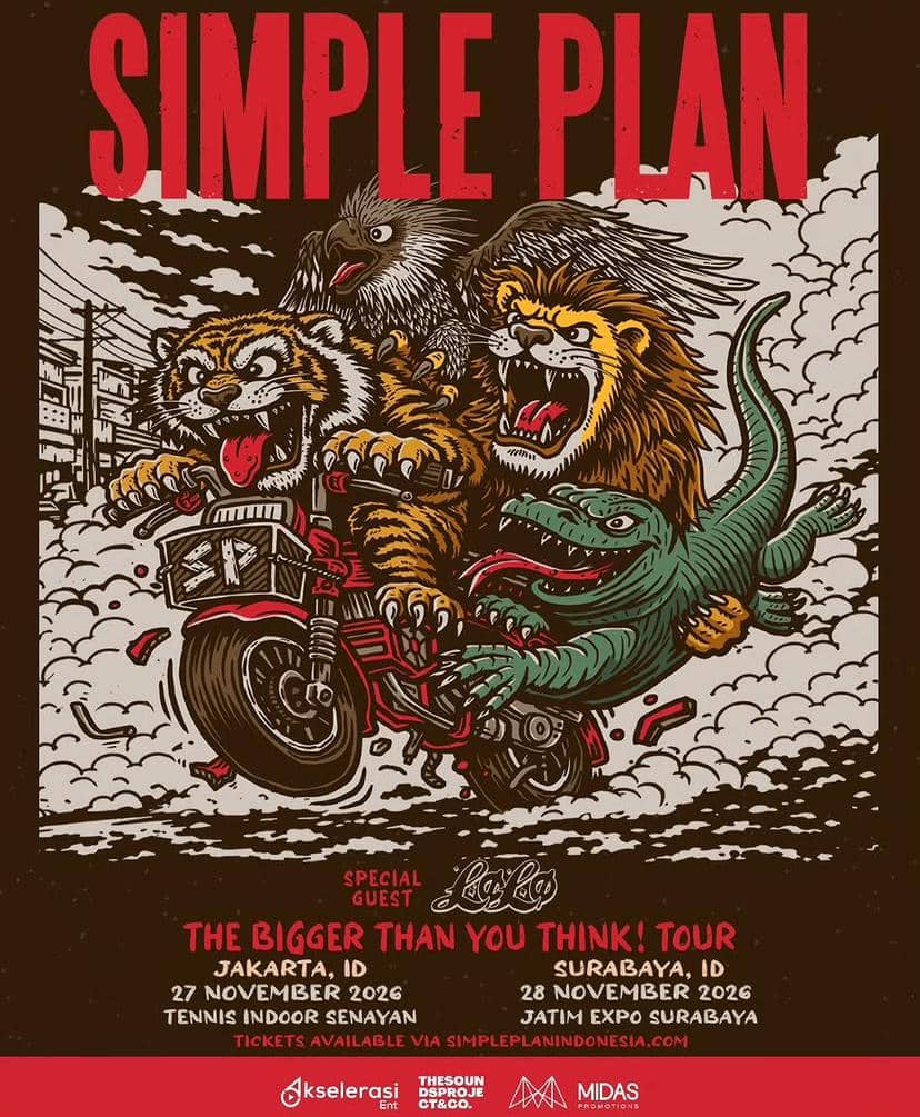 Poster konser Simple Plan bertema ilustrasi hewan buas menunggang motor untuk tur The Bigger Than You Think di Jakarta dan Surabaya tahun 2026.