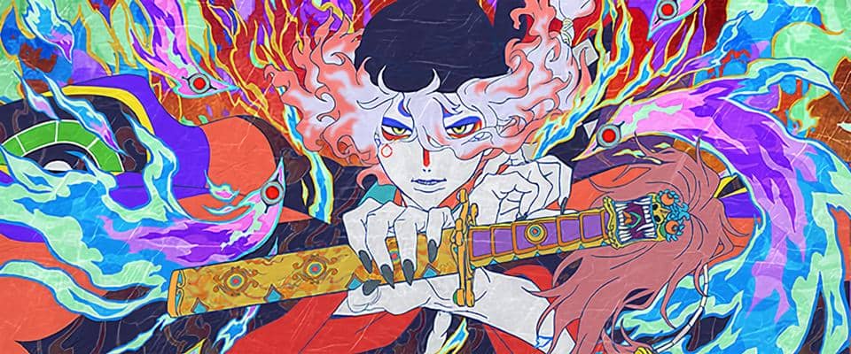 Ilustrasi karakter utama Mononoke dengan rambut berwarna-warni memegang pedang berhias, dikelilingi api dan aura mistis penuh warna.