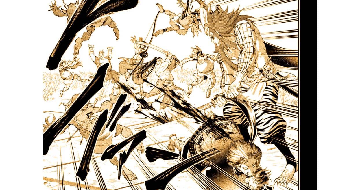 Adegan aksi kelompok Minamoto bertarung melawan musuh untuk menyelamatkan Kintoki dalam manga Record of Ragnarok.