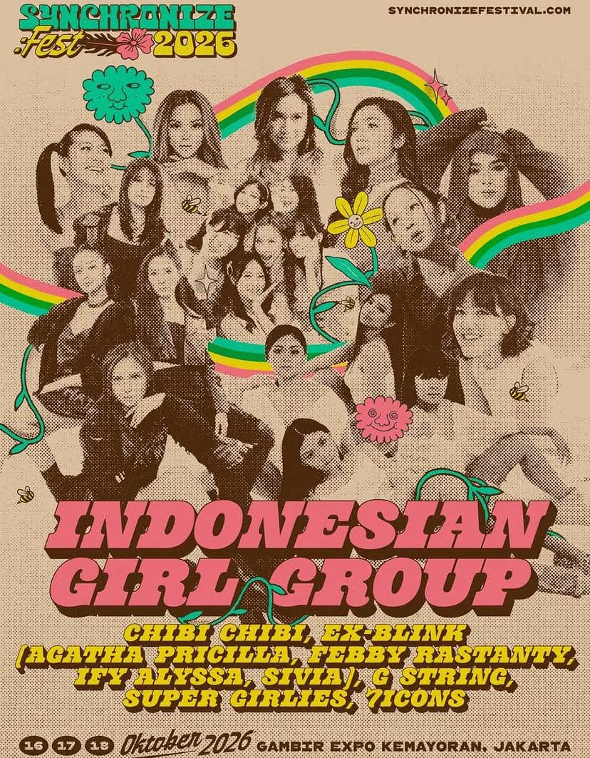 Poster Synchronize Festival 2026 dengan tema Indonesian Girl Group menampilkan ilustrasi dan foto beberapa anggota grup musik perempuan Indonesia.