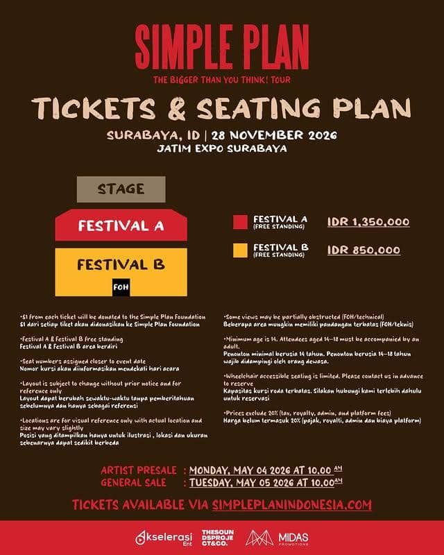 Poster jadwal dan harga tiket konser Simple Plan di Surabaya pada 28 November 2026 di Jatim Expo, menampilkan kategori Festival A dan Festival B.