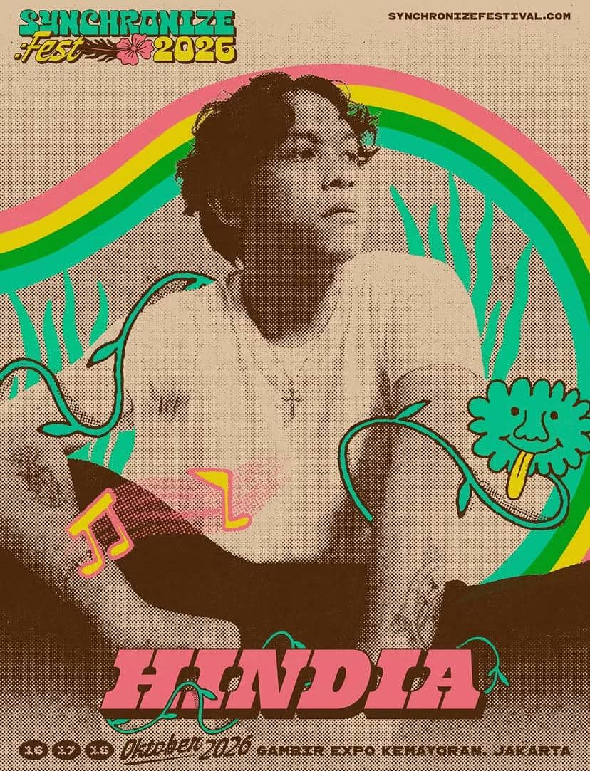 Poster berwarna retro menampilkan seorang pria dengan latar pelangi dan elemen grafis musik untuk Synchronize Festival 2026 di Jakarta.