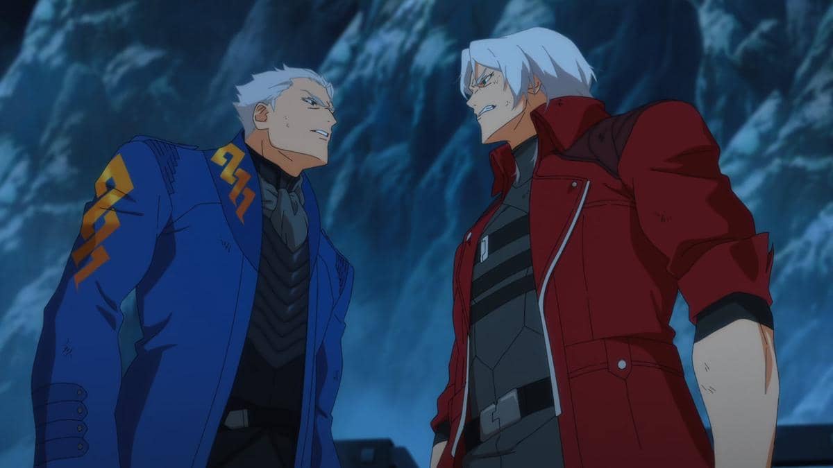 Dua karakter anime berambut putih saling berhadapan dengan ekspresi tegang, satu mengenakan jaket merah dan satu jaket biru di latar pegunungan es.