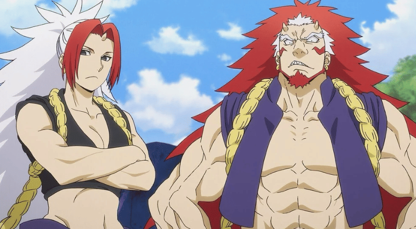 Dua karakter anime berotot dengan rambut merah dan putih berdiri berdampingan di bawah langit cerah, mengenakan pakaian tanpa lengan dan tali emas besar di bahu.