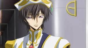 Lelouch vi Britannia mengenakan pakaian kerajaan berwarna putih dan emas dengan ekspresi serius di serial anime Code Geass.