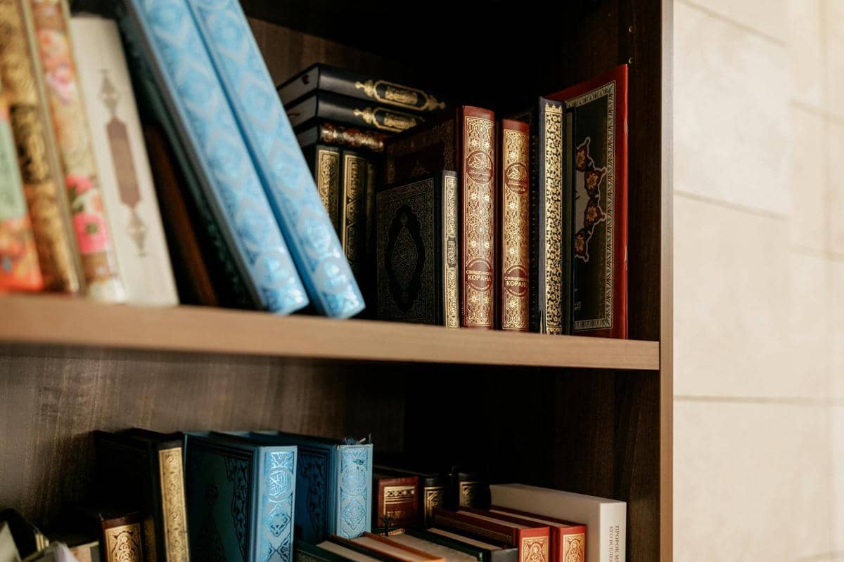 Rak buku minimalis berisi berbagai buku berwarna biru, merah, dan hitam dengan sampul berornamen di ruang baca modern.
