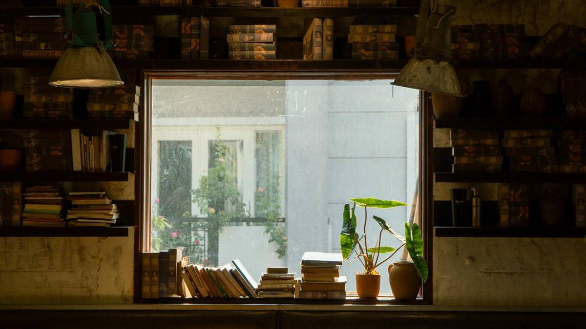 Rak buku minimalis di ruang baca dengan tumpukan buku, tanaman hias di dekat jendela, dan pencahayaan alami yang hangat.