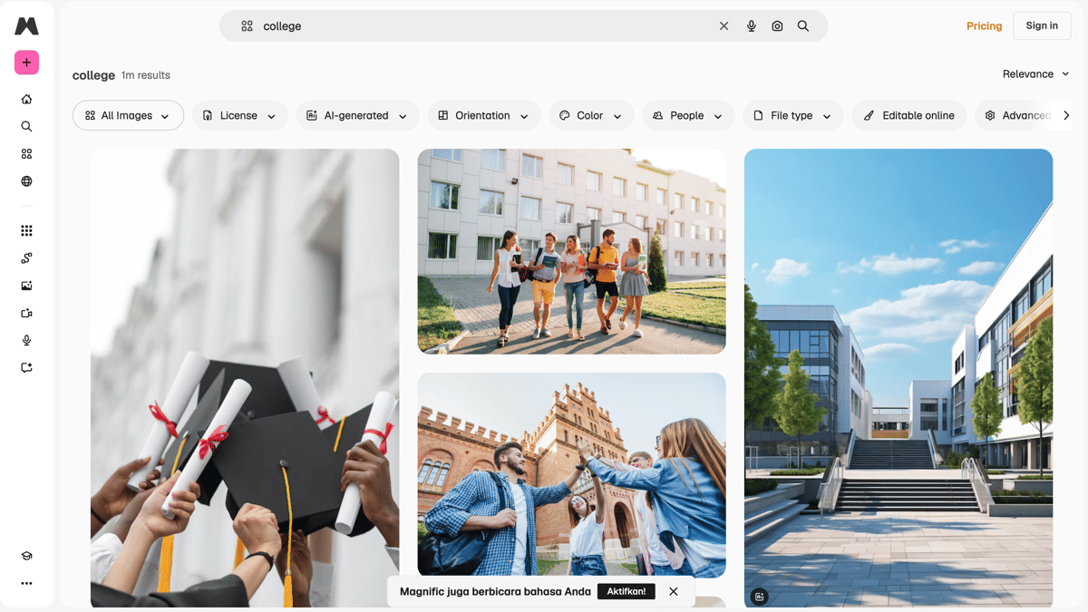 halaman utama Magnific saat mencari gambar