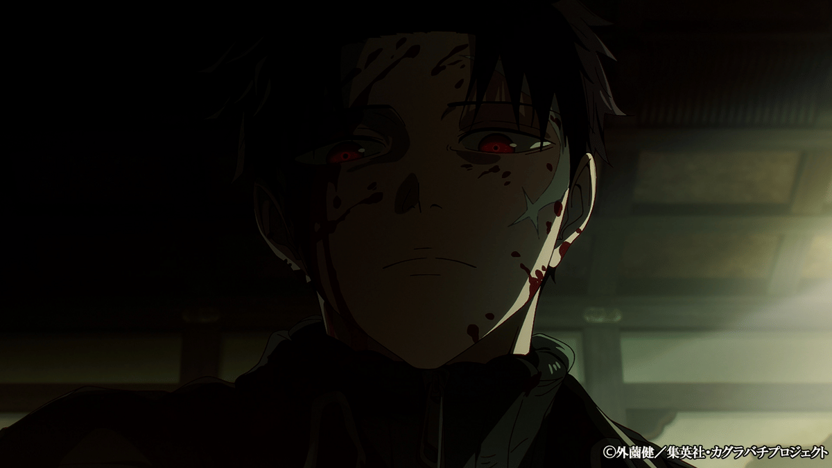 Chihiro, tokoh utama Kagurabachi, dengan wajah berdarah dan ekspresi dingin dalam pencahayaan gelap yang dramatis.