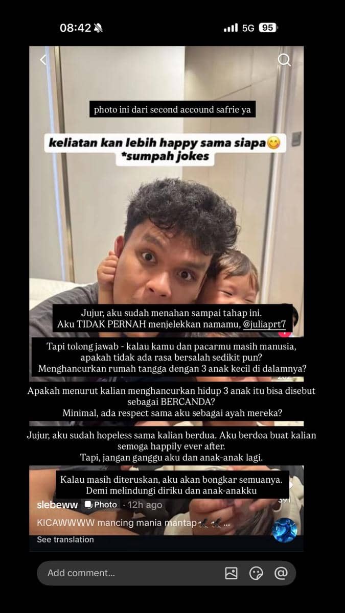Tangkapan layar unggahan akun kedua Safrie Ramadhan di Instagram menampilkan pria bersama anak kecil dengan teks curahan hati panjang di atas foto.