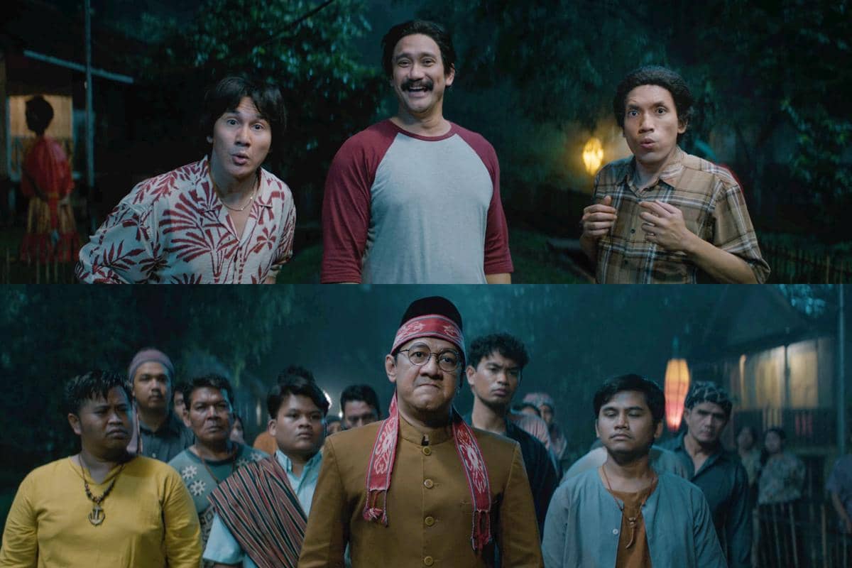 Adegan dari film Warkop DKI Viral dengan tiga pria di bagian atas dan sekelompok orang di bagian bawah dalam suasana malam.