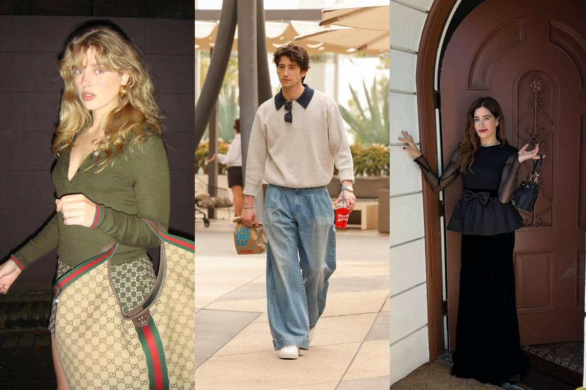  orang berpose dalam gaya berbeda, satu mengenakan atasan hijau dengan tas besar, satu memakai sweater abu-abu dan celana longgar, dan satu mengenakan gaun hitam elegan.