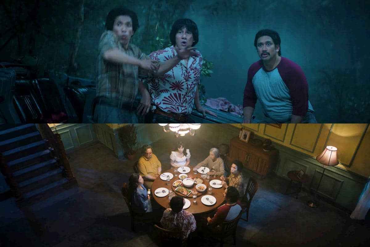 Tiga pria dengan ekspresi terkejut di hutan pada malam hari dan sekelompok orang duduk mengelilingi meja makan di ruang makan rumah.