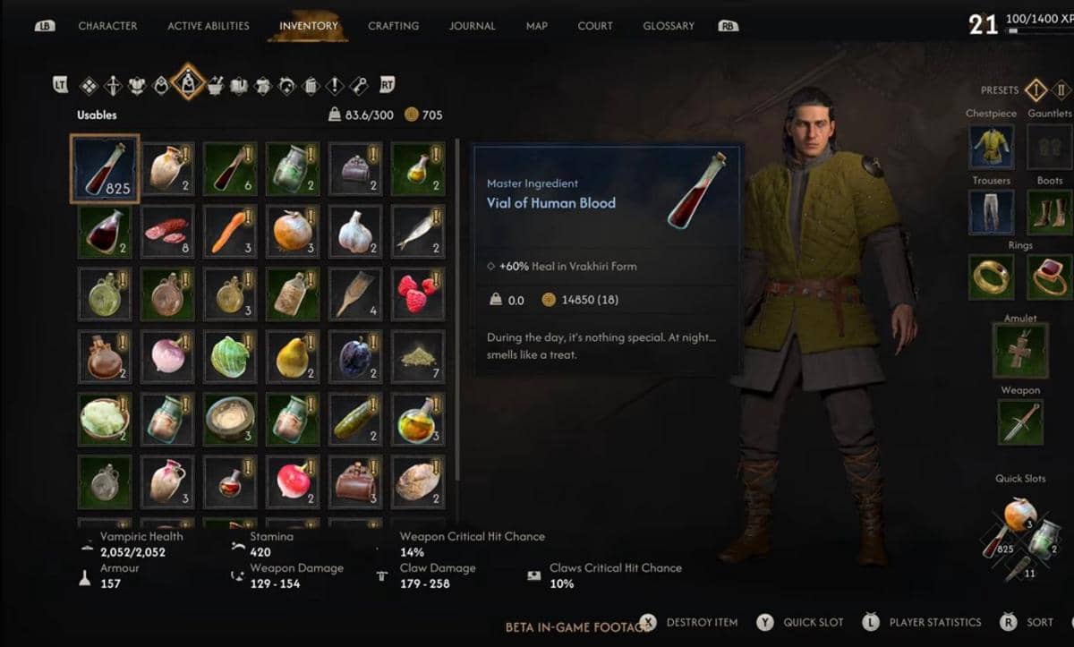 Tampilan inventori permainan The Blood of Dawnwalker menampilkan berbagai item seperti ramuan, bahan masakan, dan vial darah manusia.