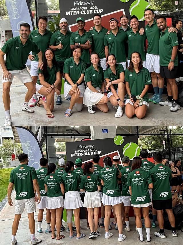 Tim padel mengenakan seragam hijau berfoto bersama di ajang Hideaway Singapore Padel Inter-Club Cup dengan latar spanduk turnamen.