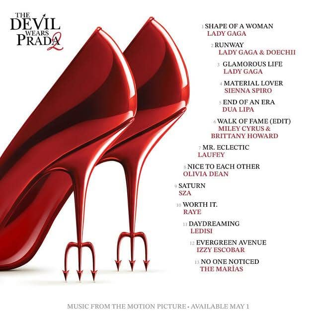 Poster daftar lagu soundtrack film The Devil Wears Prada 2 dengan gambar sepatu hak tinggi merah berbentuk garpu trident di bagian haknya.