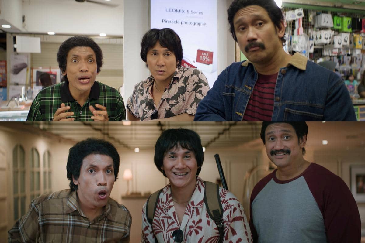 Tiga aktor pria berpose dalam dua adegan berbeda dari film Warkop DKI Viral, menampilkan ekspresi lucu dan suasana komedi khas.