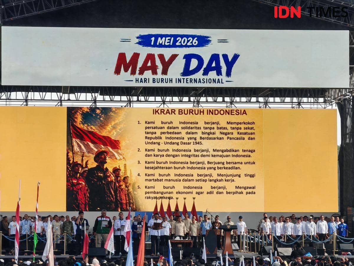 Presiden Prabowo Subianto menghadiri May Day 2026 di Monas, Jakarta (IDN Times/Ilman Nafi'an)