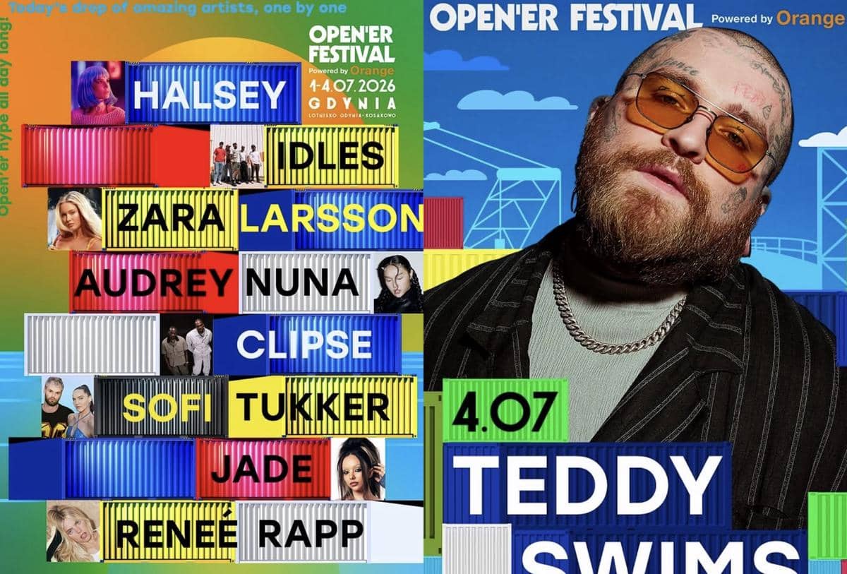 Poster lineup Open’er Festival 2026 di Gdynia menampilkan nama-nama artis seperti Halsey, Zara Larsson, Sofi Tukker, dan Teddy Swims.