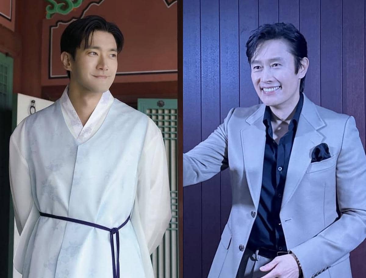 Kolase dua pria, satu mengenakan hanbok tradisional berwarna putih biru muda dan satu lagi mengenakan setelan jas abu-abu dengan kemeja hitam.