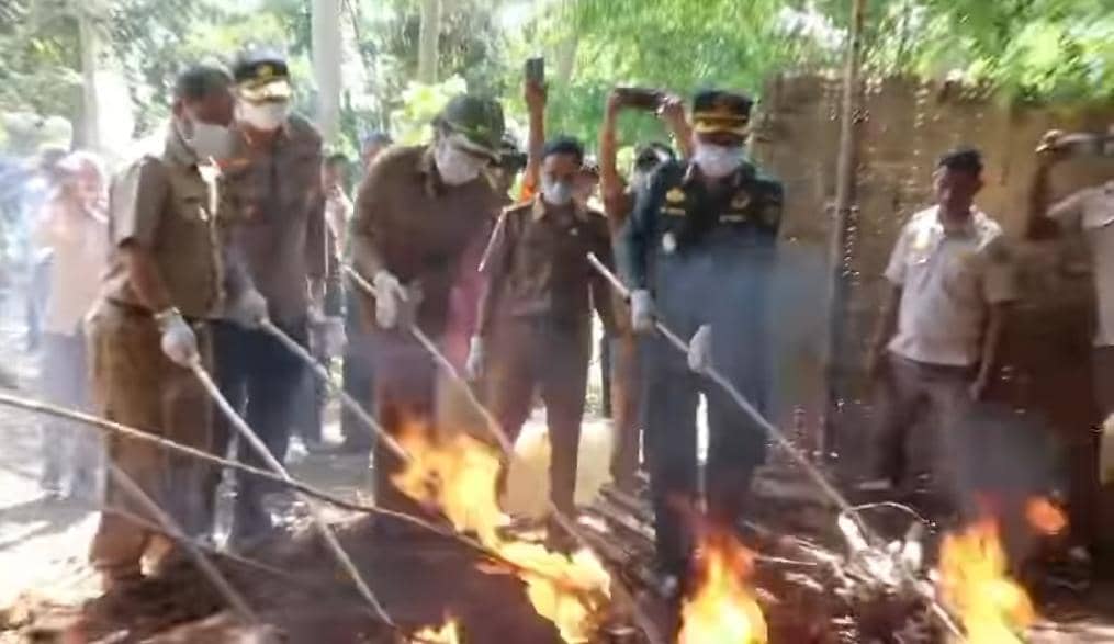 Petugas pemerintah membakar sapi selundupan yang terindikasi penyakit mulut dan kuku di Sumba Barat Daya dengan pengawasan ketat.