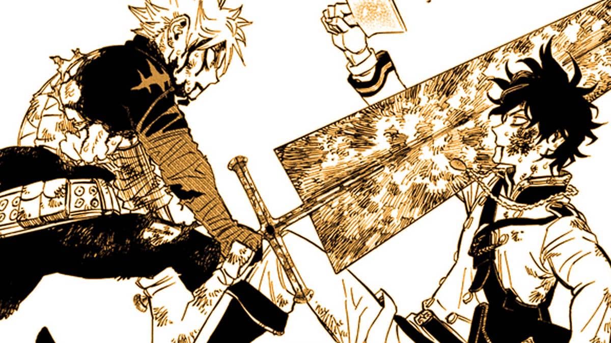 Asta dan Yuno saling berhadapan dalam pertarungan sengit dengan pedang besar di antara mereka dari manga Black Clover.