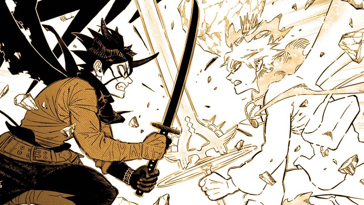 Asta dan Yuno saling berhadapan dengan pedang dan sihir dalam pertarungan intens di manga Black Clover.