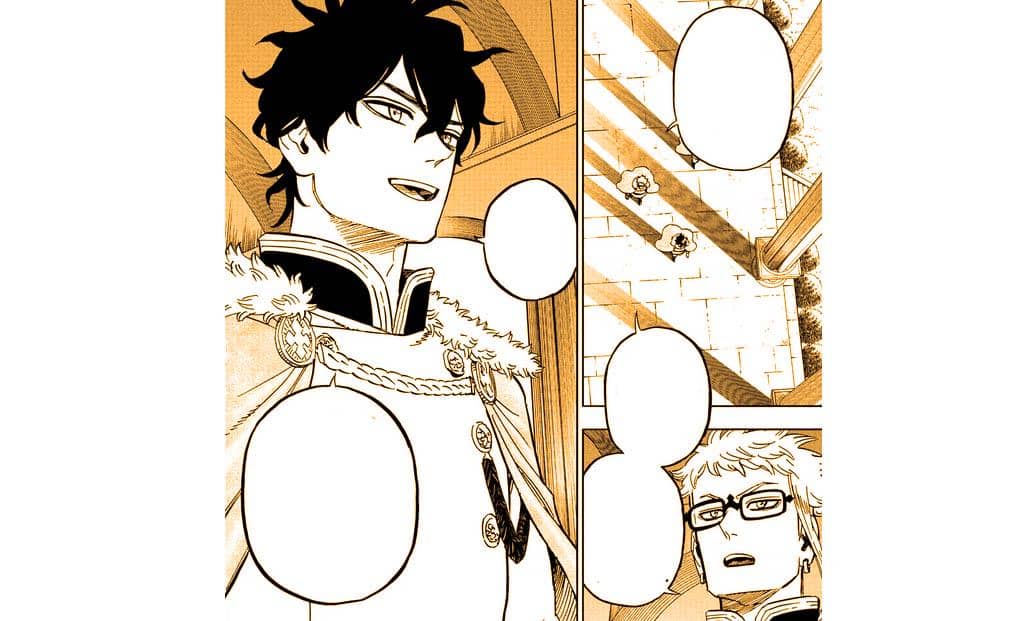 Yuno dan Klaus dari manga Black Clover sedang berbicara di dalam bangunan dengan latar bergaya arsitektur kerajaan.