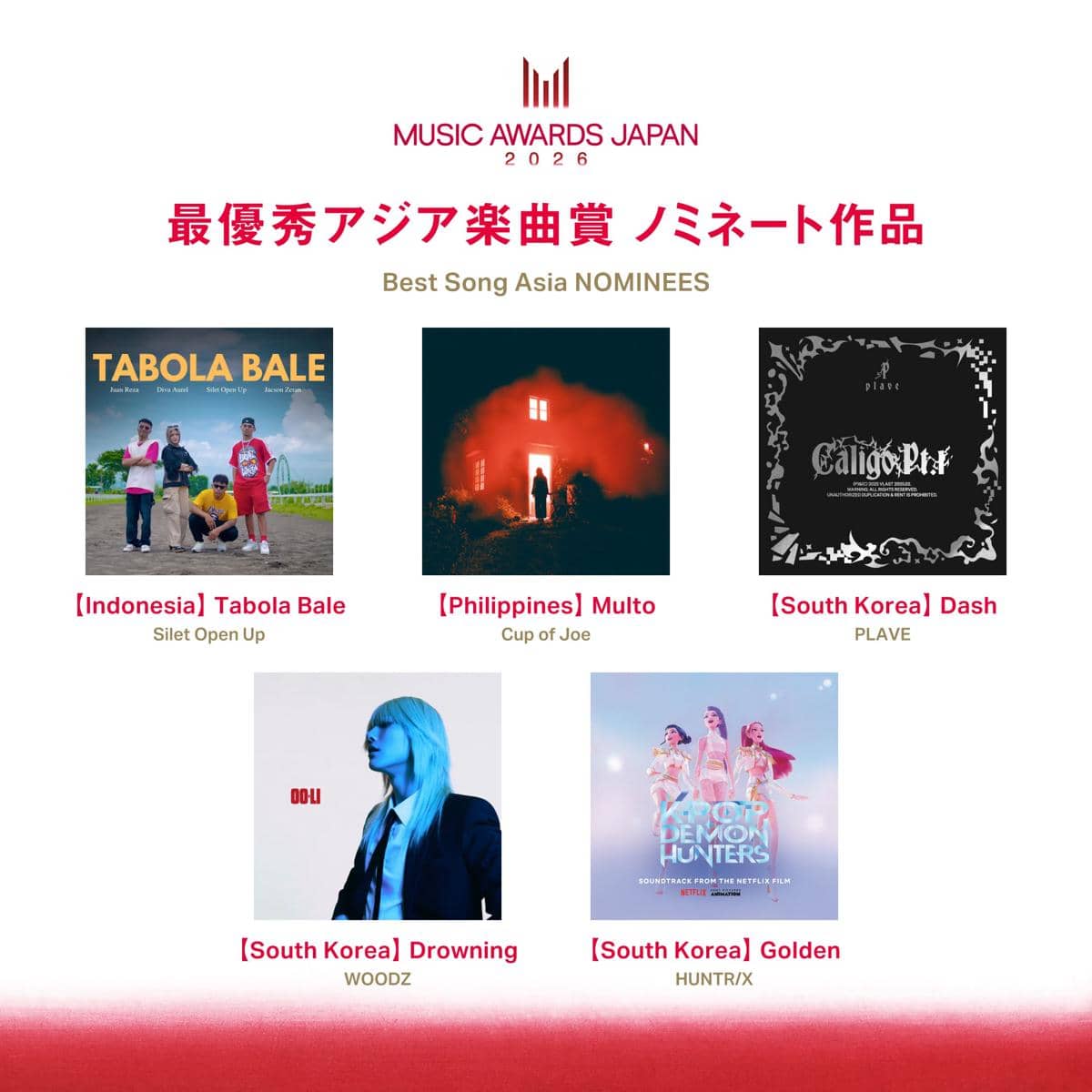 Poster nominasi Best Song Asia Music Awards Japan 2026 menampilkan lagu dari Indonesia, Filipina, dan Korea Selatan.