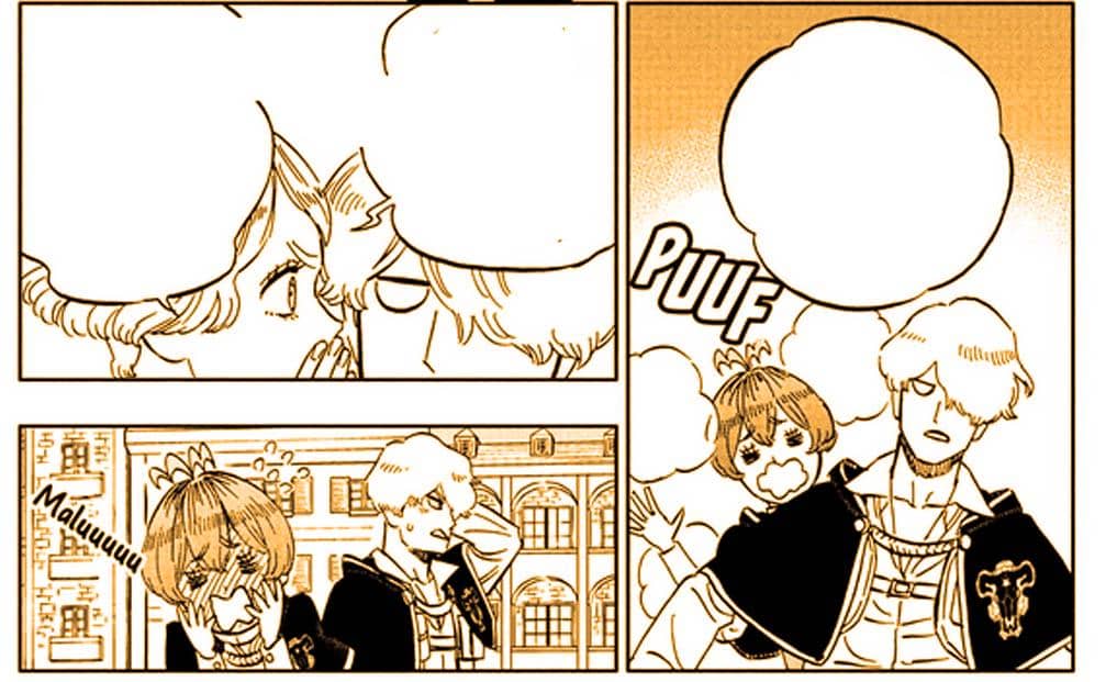 Marie membisiki kakaknya diikuti adegan lucu saat Grey merasa malu di depan gedung dalam panel manga Black Clover.