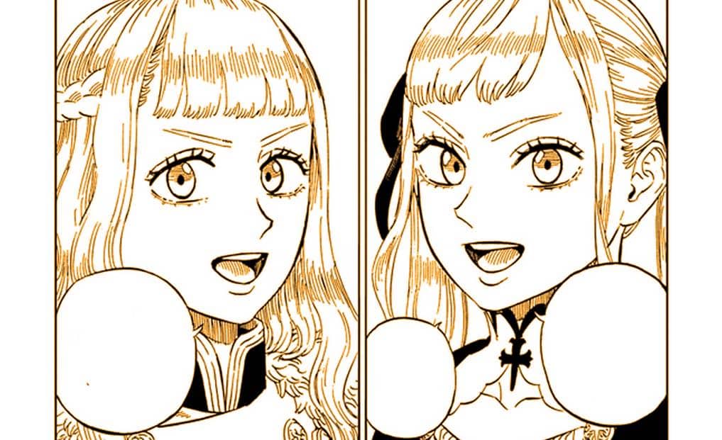 Ilustrasi karakter Mimosa dan Noelle dari manga Black Clover sedang berbicara dengan ekspresi percaya diri dalam panel komik.