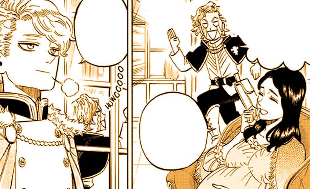 Ilustrasi keluarga Finral dari manga Black Clover, menampilkan tiga karakter dengan ekspresi santai di dalam ruangan.