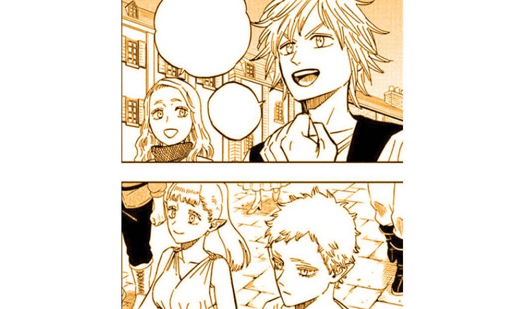 Beberapa karakter manga Black Clover berjalan bersama di jalan kota, tampak berbicara dan tersenyum dalam suasana cerah.