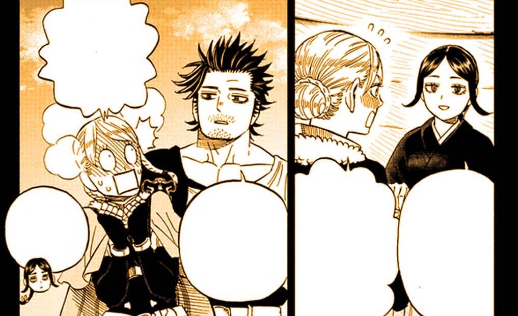 Ichika berpamitan kepada Yami dan Charlotte dalam panel manga Black Clover dengan ekspresi hangat dan suasana emosional.