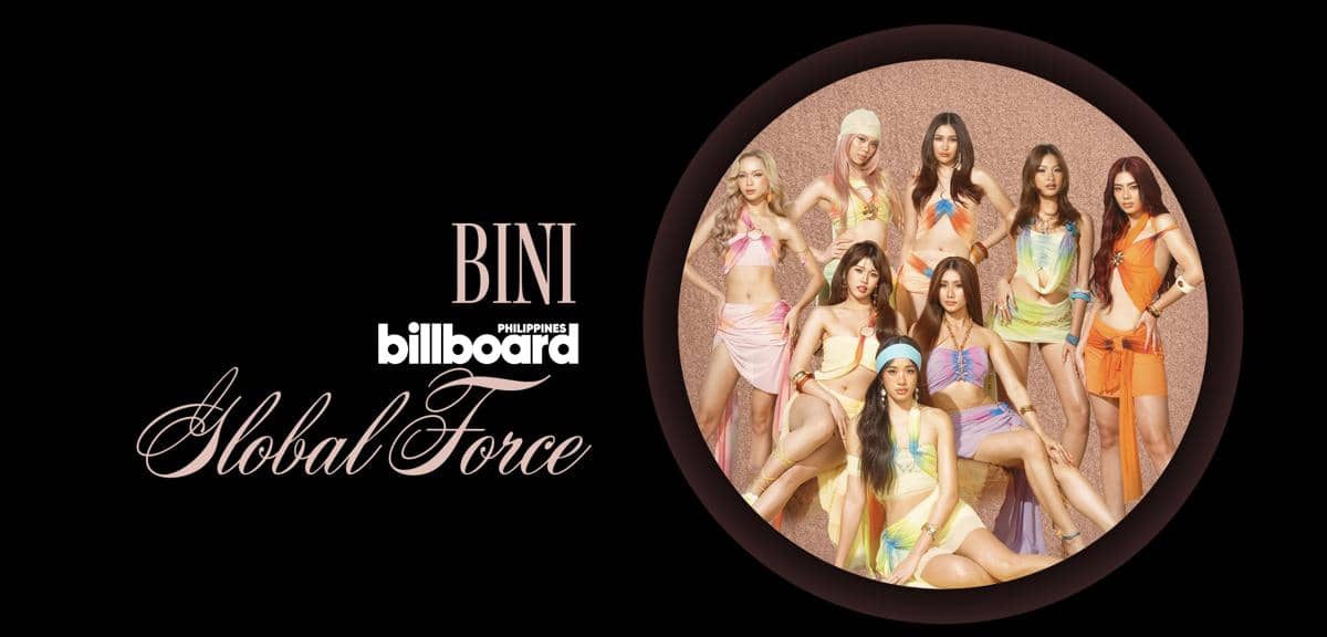Poster grup musik BINI berpose dengan busana warna pastel dalam kampanye Billboard Women in Music 2026 untuk penghargaan Global Force.