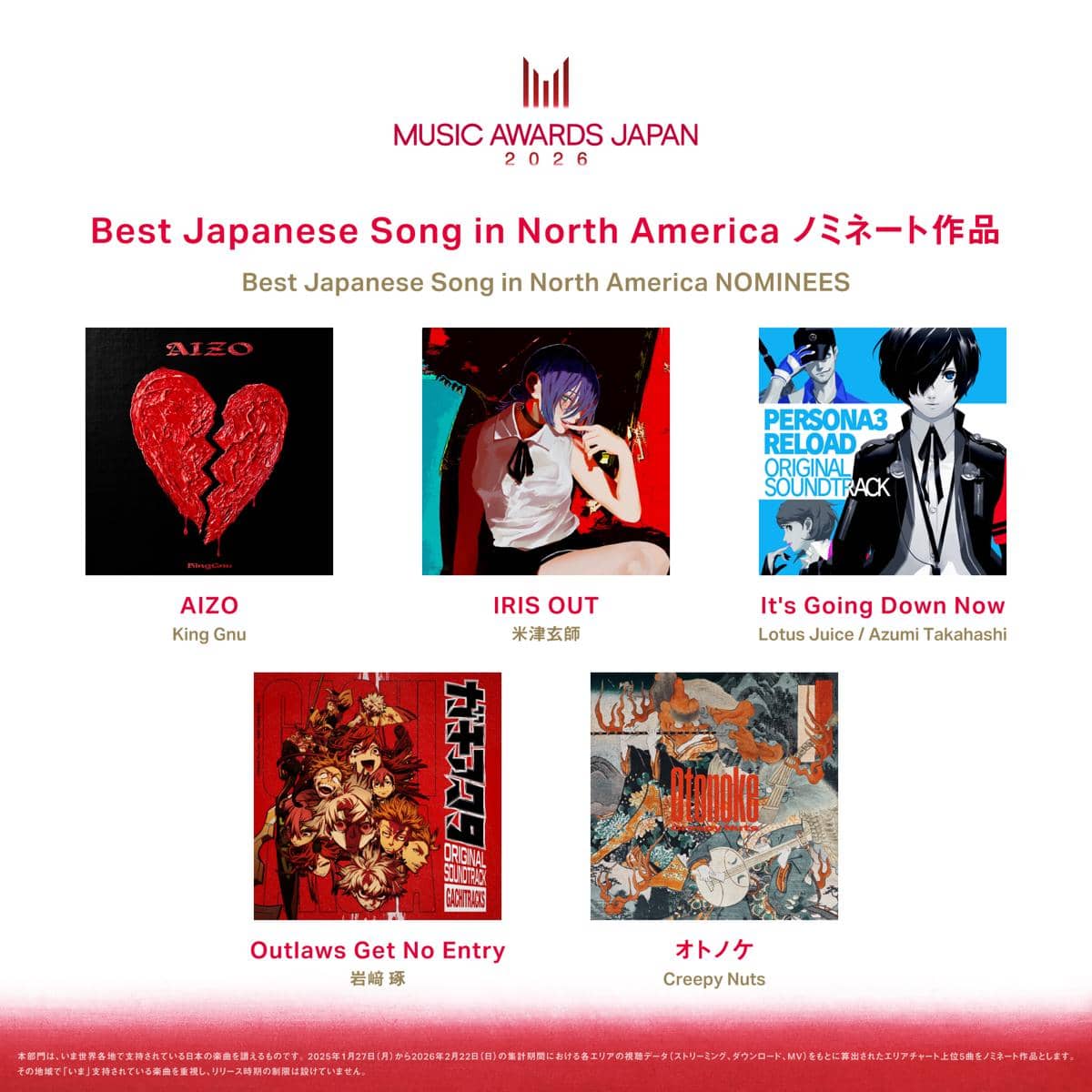 Poster nominasi Best Japanese Song in North America di Music Awards Japan 2026 menampilkan lima lagu dari berbagai artis Jepang.