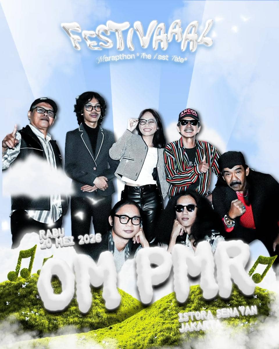 Poster acara musik Festivaaal Marapthon: The Last Tale menampilkan grup musik OM PMR dengan latar langit biru dan awan putih.