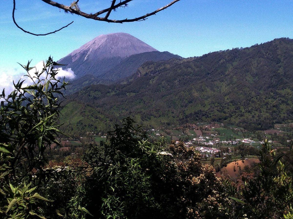Pemandangan Ranu Pani dengan latar pegunungan hijau dan puncak gunung yang menjulang di bawah langit biru cerah.